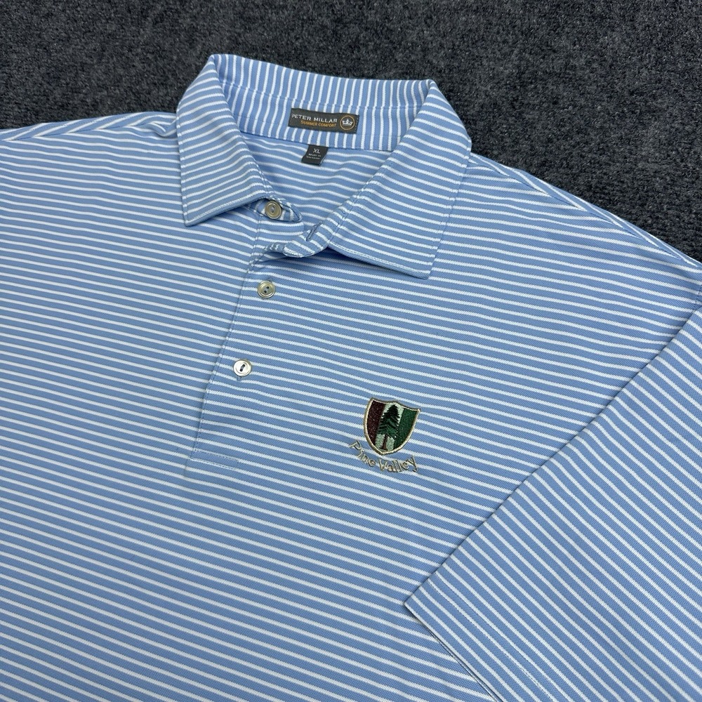 Peter Millar Summer Comfort Polo Shirt Mens XL Blue striped Pinehurst Golf Club